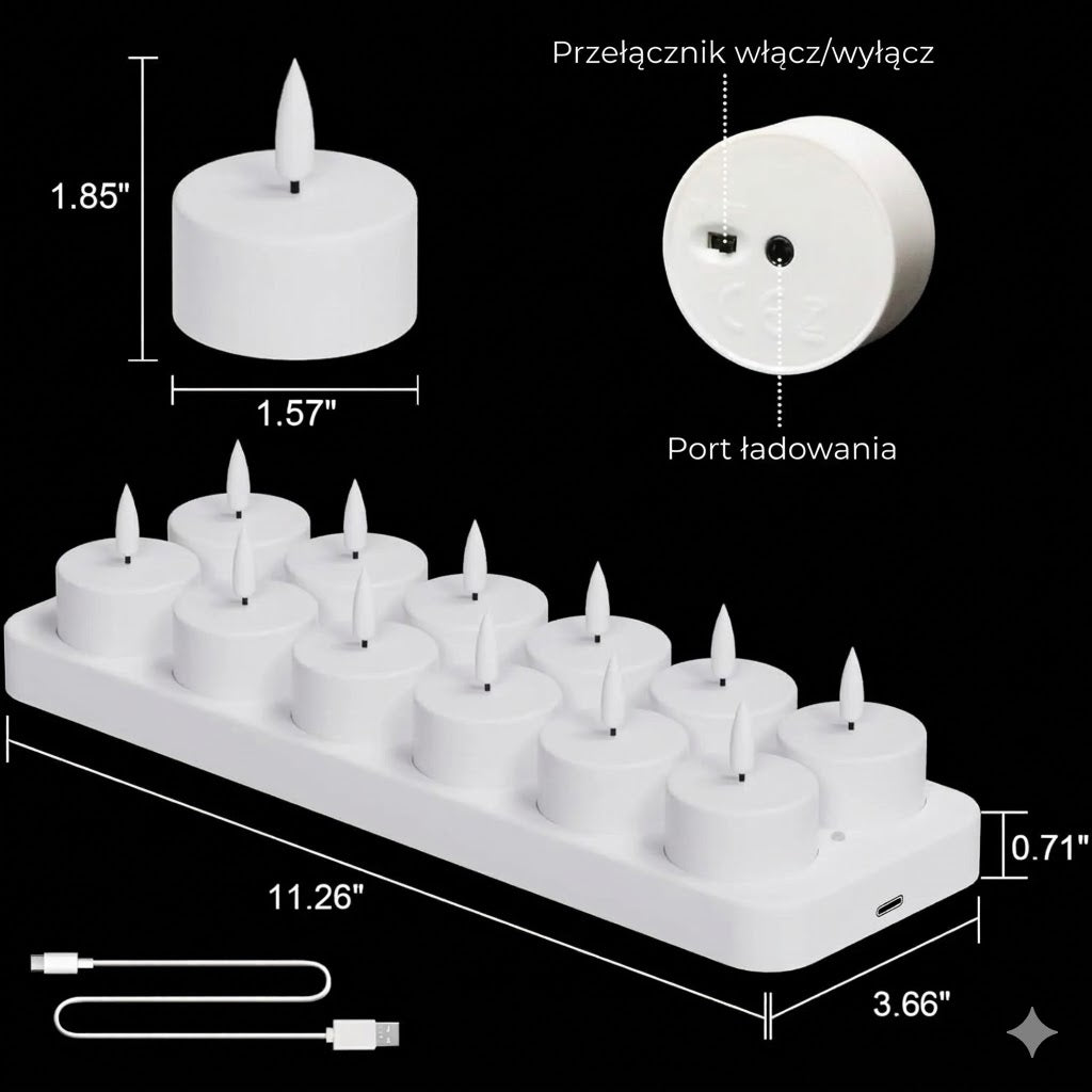 Ładowalne lampki LED typu tealight (bez płomienia) — tworzą przytulną atmosferę — bez ryzyka pożaru