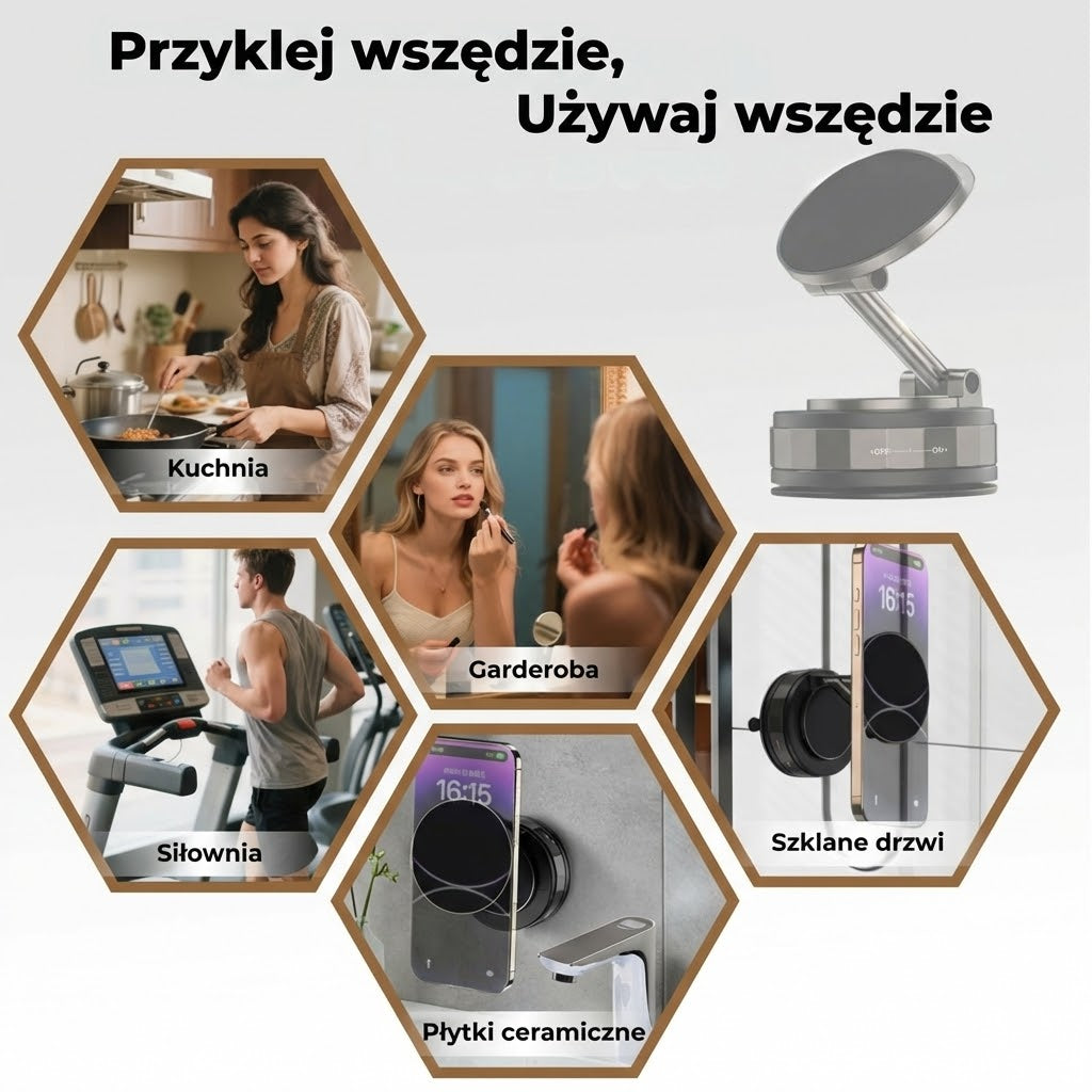 Magnetyczny uchwyt samochodowy na telefon – przyssawka próżniowa + mocowanie magnetyczne – obrót 360° – stabilne mocowanie do deski rozdzielczej i szyby