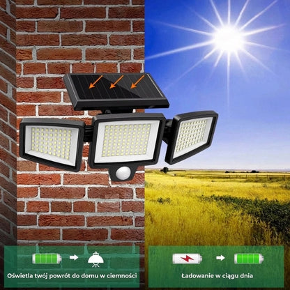 [200 diod LED] Solarna lampa ścienna z czujnikiem ruchu – Zewnętrzne oświetlenie solarne – Wodoodporność IP65 – 100% oszczędności energii