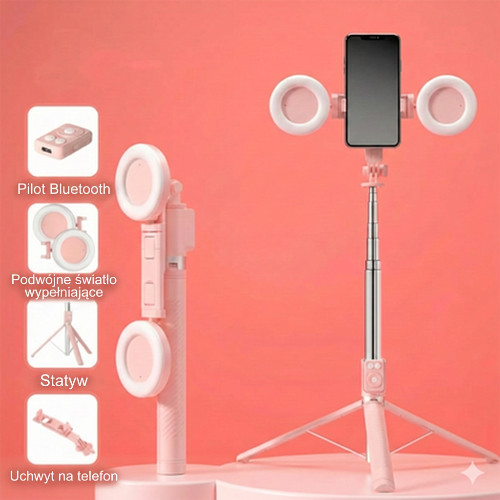 Selfie stick 6-w-1 ze statywem i lampą doświetlającą – statyw Bluetooth z pilotem (do iPhone’a i telefonów z Androidem)
