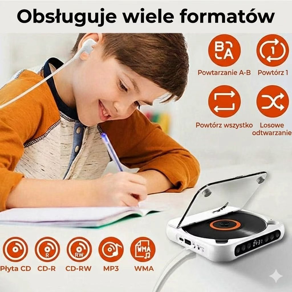 Przenośny odtwarzacz CD z Bluetooth – akumulatorowy Discman do samochodu i w podróż (Anti-Shock)