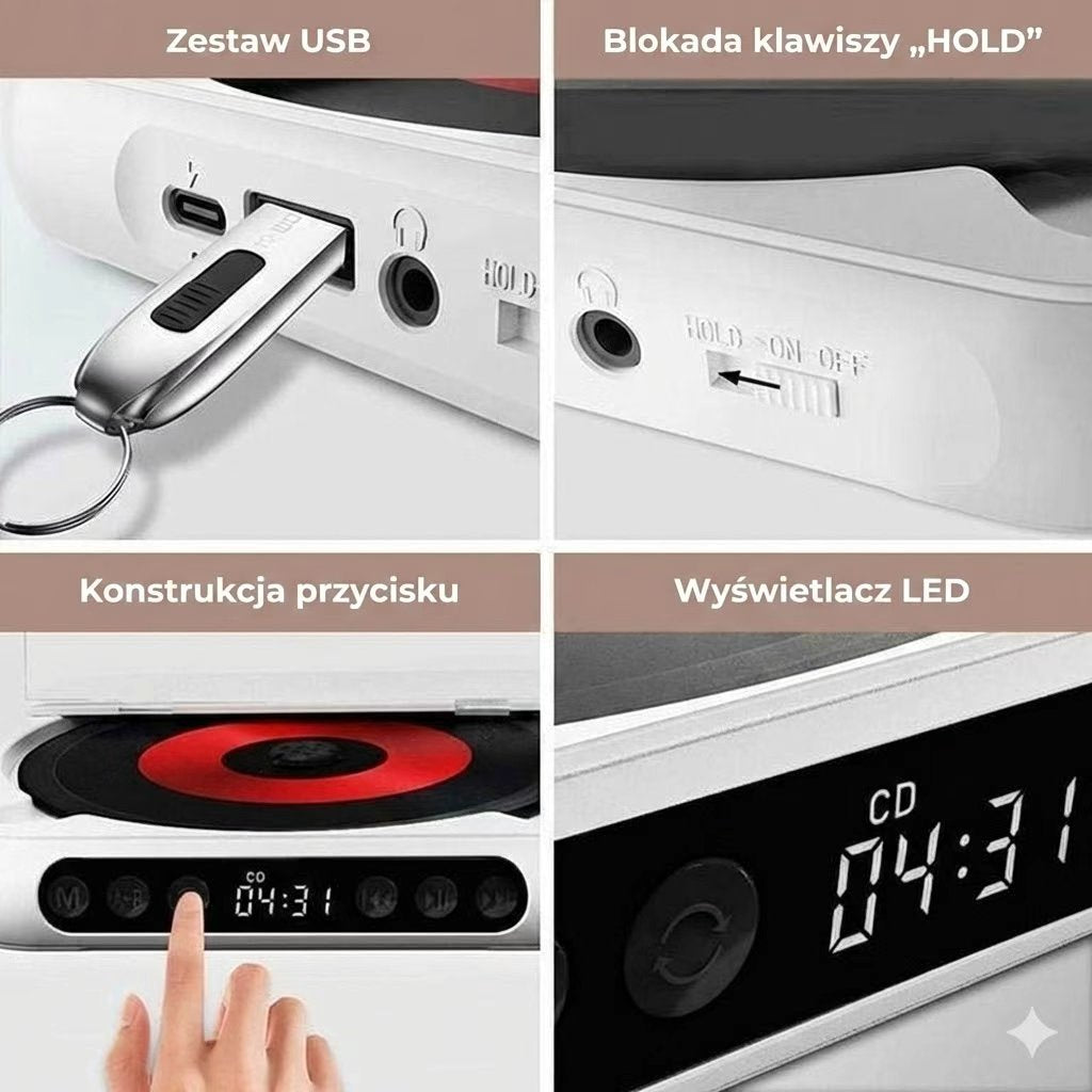 Przenośny odtwarzacz CD z Bluetooth – akumulatorowy Discman do samochodu i w podróż (Anti-Shock)