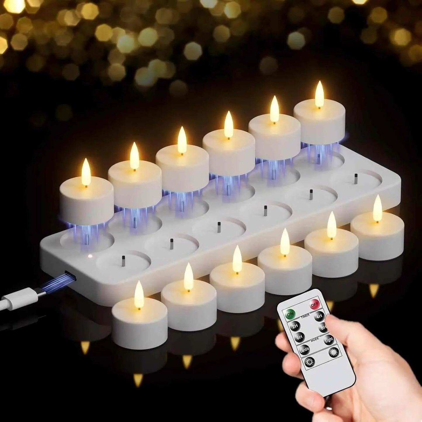 Ładowalne lampki LED typu tealight (bez płomienia) — tworzą przytulną atmosferę — bez ryzyka pożaru