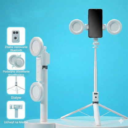 Selfie stick 6-w-1 ze statywem i lampą doświetlającą – statyw Bluetooth z pilotem (do iPhone’a i telefonów z Androidem)