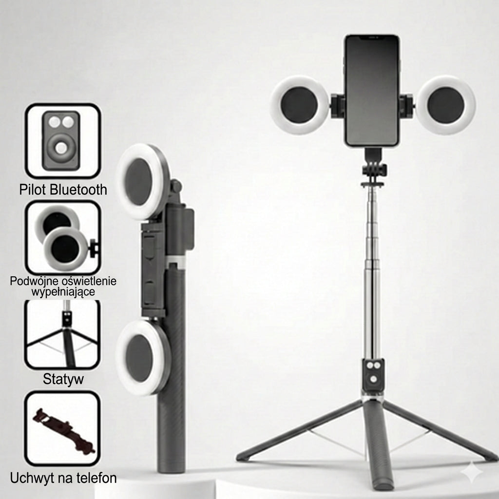 Selfie stick 6-w-1 ze statywem i lampą doświetlającą – statyw Bluetooth z pilotem (do iPhone’a i telefonów z Androidem)