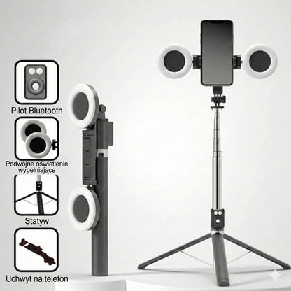 Selfie stick 6-w-1 ze statywem i lampą doświetlającą – statyw Bluetooth z pilotem (do iPhone’a i telefonów z Androidem)