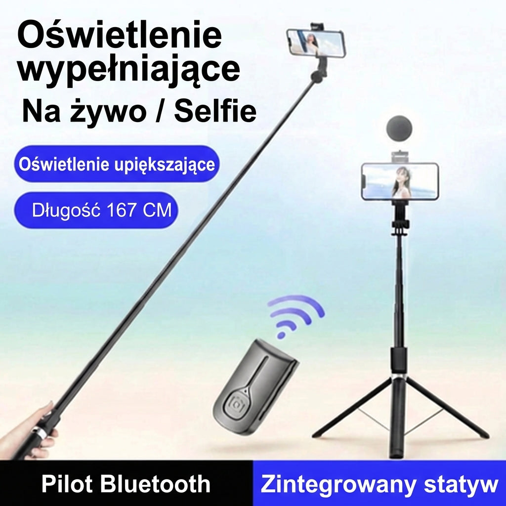 Selfie stick 6-w-1 ze statywem i lampą doświetlającą – statyw Bluetooth z pilotem (do iPhone’a i telefonów z Androidem)