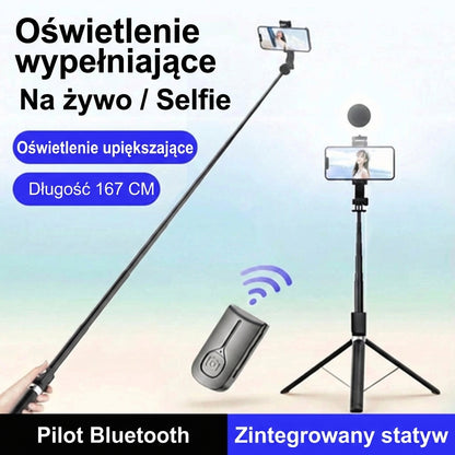 Selfie stick 6-w-1 ze statywem i lampą doświetlającą – statyw Bluetooth z pilotem (do iPhone’a i telefonów z Androidem)