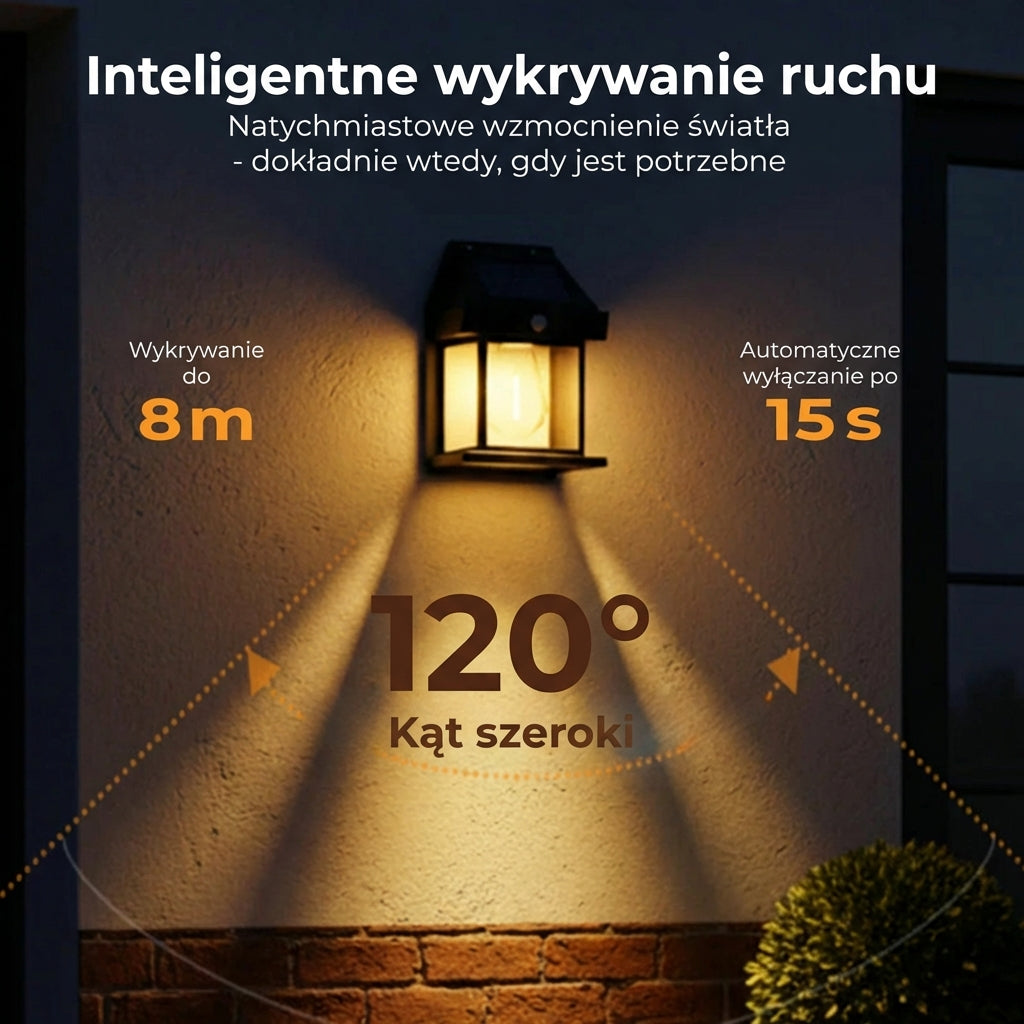 Solarny kinkiet z czujnikiem ruchu – zewnętrzne oświetlenie solarne – bezprzewodowy i wodoodporny (IP65)