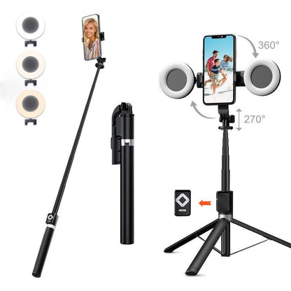 Selfie stick 6-w-1 ze statywem i lampą doświetlającą – statyw Bluetooth z pilotem (do iPhone’a i telefonów z Androidem)