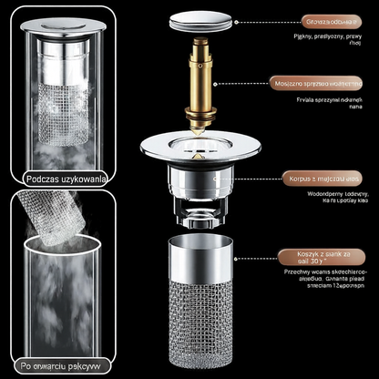 Zatyczka odpływu 2-w-1 z sitkiem na włosy do umywalki