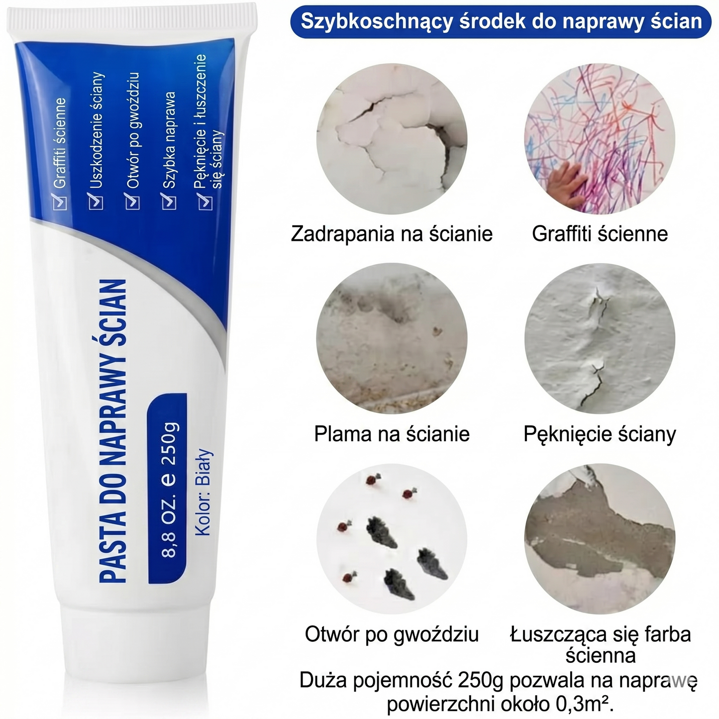 Biała masa szpachlowa do ścian – 250g – do naprawy dziur i pęknięć