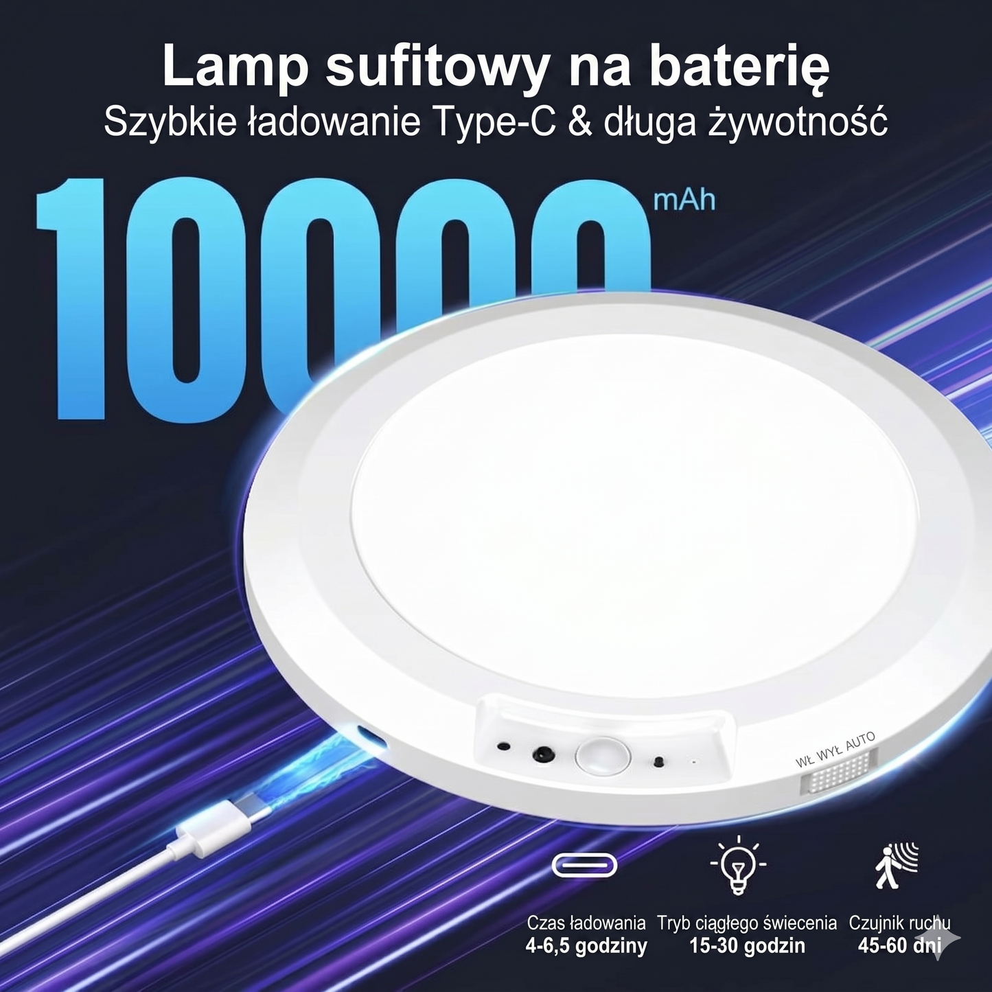 Lampa sufitowa akumulatorowa z czujnikiem ruchu - bezprzewodowa - w zestawie pilot