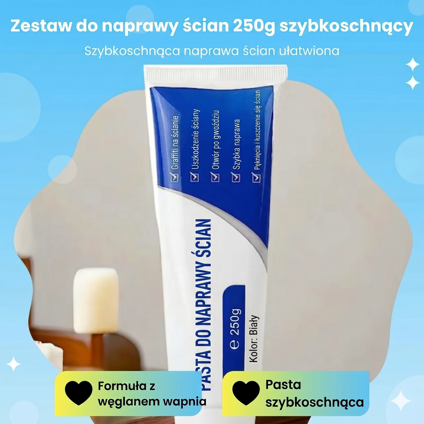 Biała masa szpachlowa do ścian – 250g – do naprawy dziur i pęknięć