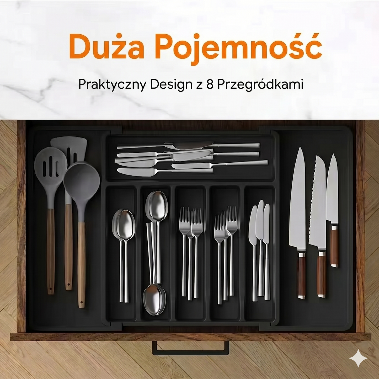 Wysuwana tacka na naczynia do szuflady kuchennej