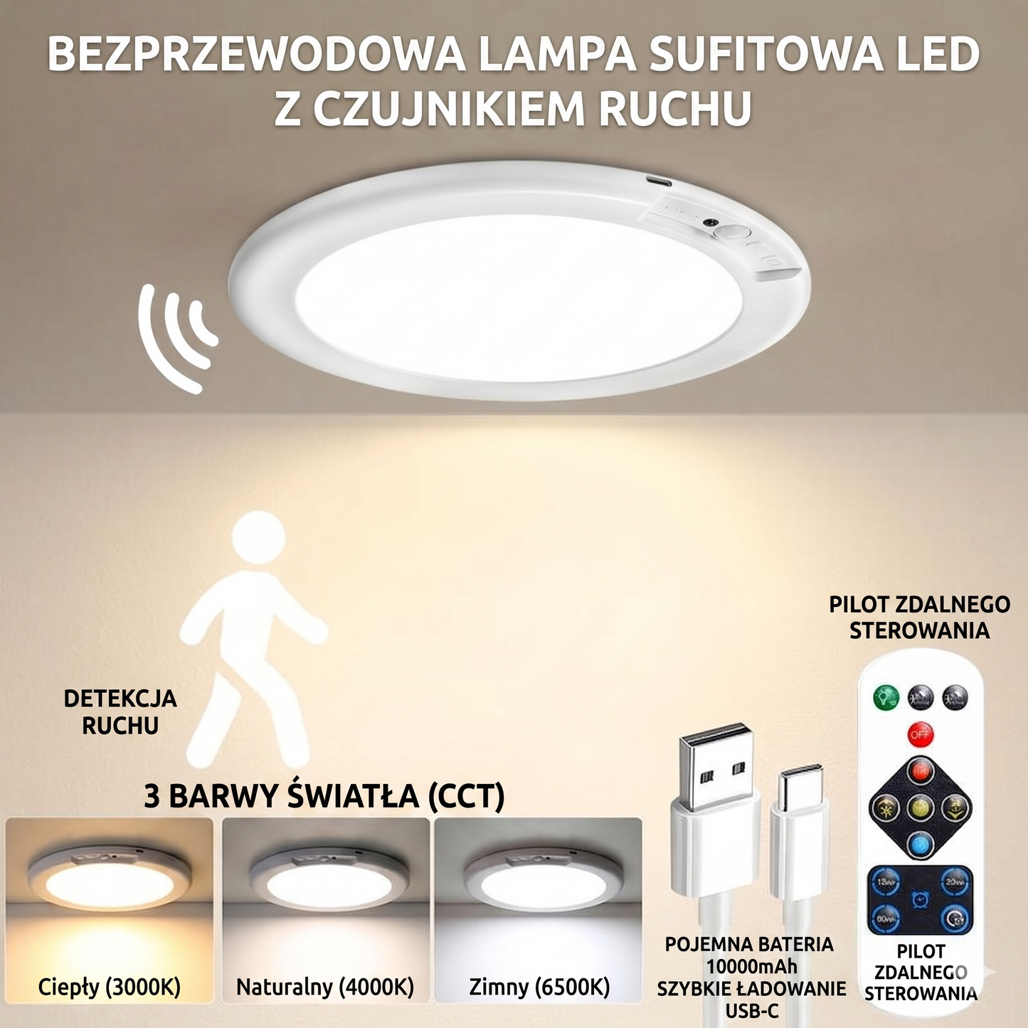 Lampa sufitowa akumulatorowa z czujnikiem ruchu - bezprzewodowa - w zestawie pilot