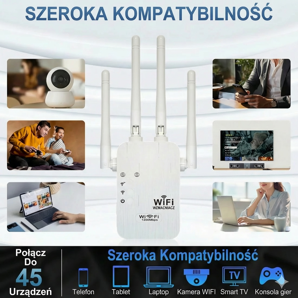 Wzmacniacz sygnału Wi-Fi 1200 Mbps – dwuzakresowy repeater (5 GHz i 2,4 GHz) – z portem Ethernet i WPS
