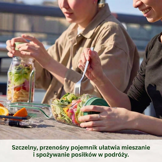 Przenośny pojemnik na sałatkę – szczelny lunchbox z przegródkami i pojemnikiem na sos (można myć w zmywarce)