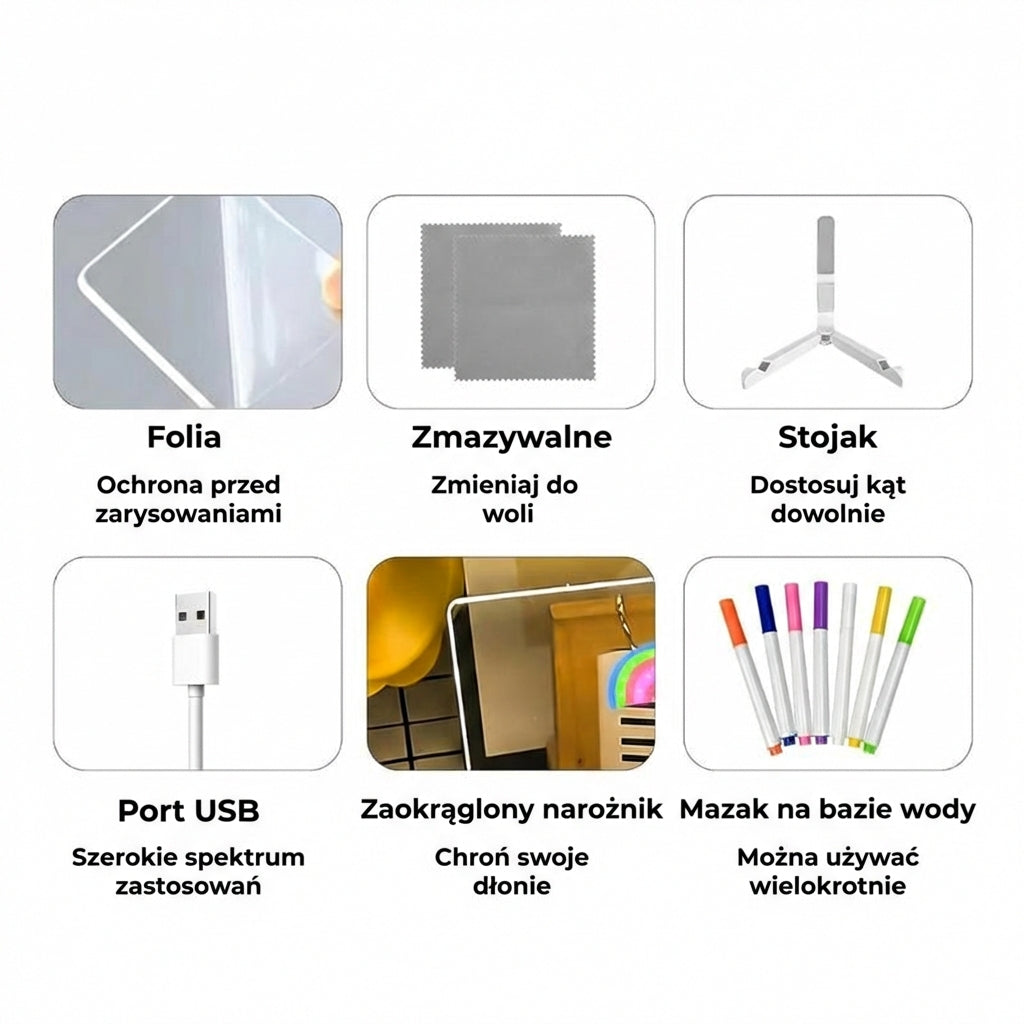 DoodleGlow™ magiczna tablica LED do rysowania – świecąca tablica dla dzieci (z markerami i szablonami)