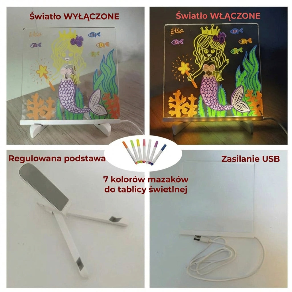 DoodleGlow™ magiczna tablica LED do rysowania – świecąca tablica dla dzieci (z markerami i szablonami)