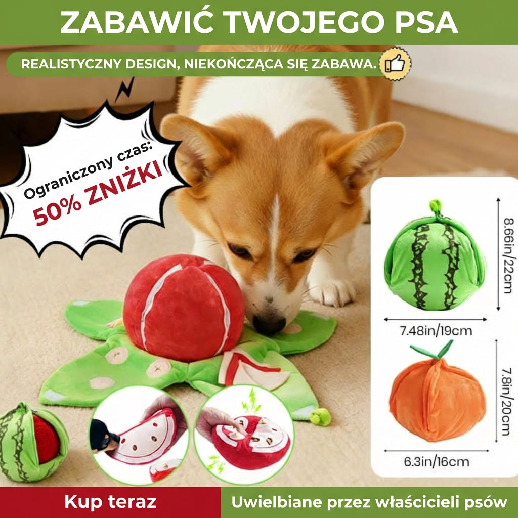 Interaktywna zabawka węchowa dla psa – pluszowa zabawka edukacyjna z owocami i ukrytymi kieszeniami