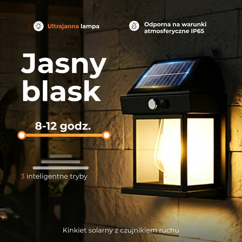 Solarny kinkiet z czujnikiem ruchu – zewnętrzne oświetlenie solarne – bezprzewodowy i wodoodporny (IP65)