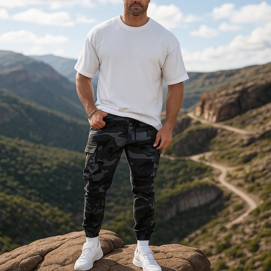 Męskie spodnie taktyczne cargo – kamuflażowy nadruk wojskowy