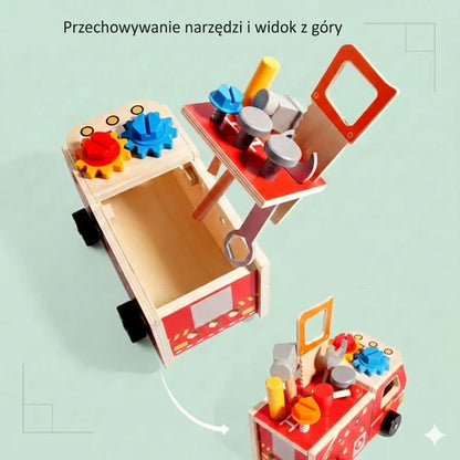 Drewniany zestaw do samodzielnego montażu – wóz strażacki z narzędziami (edukacyjny i ekologiczny)