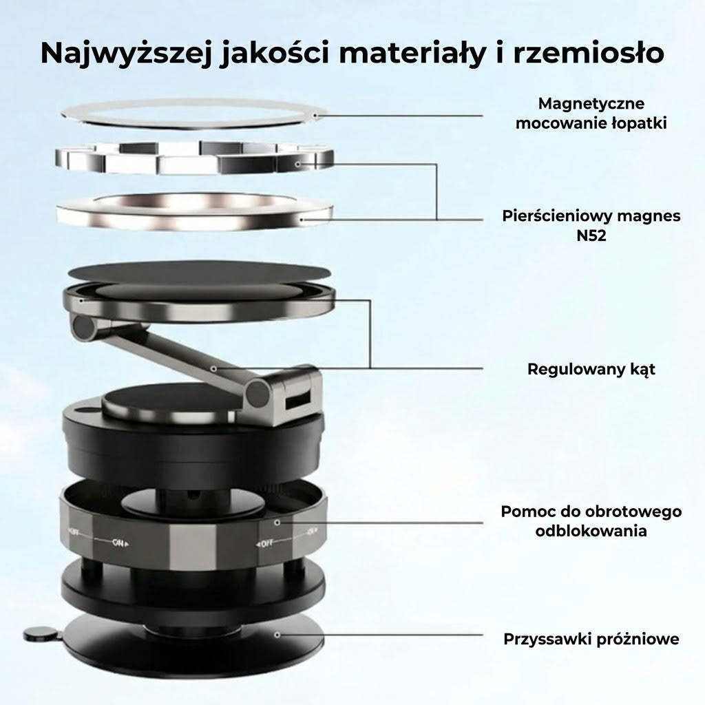 Magnetyczny uchwyt samochodowy na telefon – przyssawka próżniowa + mocowanie magnetyczne – obrót 360° – stabilne mocowanie do deski rozdzielczej i szyby