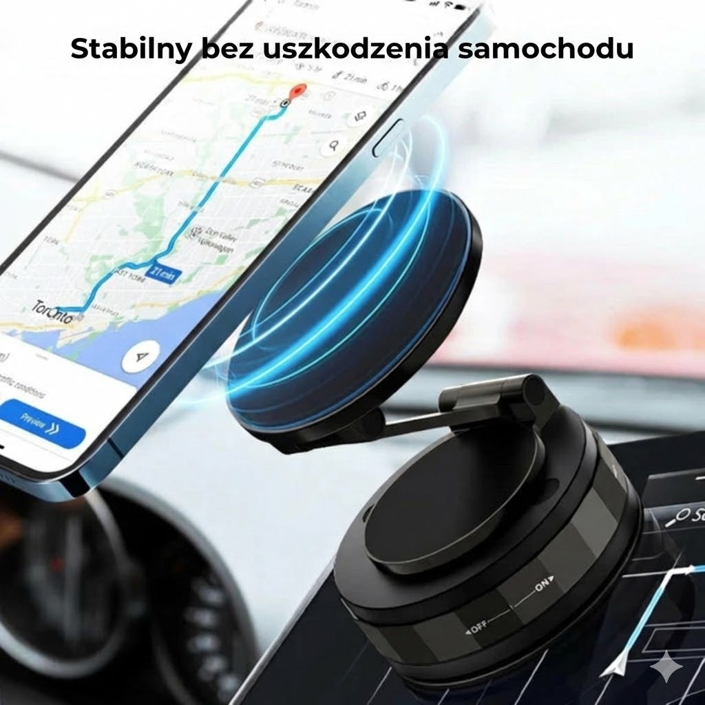 Magnetyczny uchwyt samochodowy na telefon – przyssawka próżniowa + mocowanie magnetyczne – obrót 360° – stabilne mocowanie do deski rozdzielczej i szyby