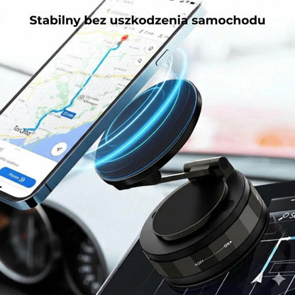 Magnetyczny uchwyt samochodowy na telefon – przyssawka próżniowa + mocowanie magnetyczne – obrót 360° – stabilne mocowanie do deski rozdzielczej i szyby