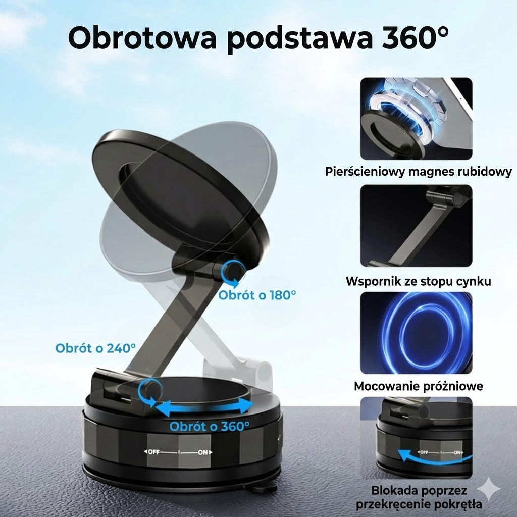 Magnetyczny uchwyt samochodowy na telefon – przyssawka próżniowa + mocowanie magnetyczne – obrót 360° – stabilne mocowanie do deski rozdzielczej i szyby
