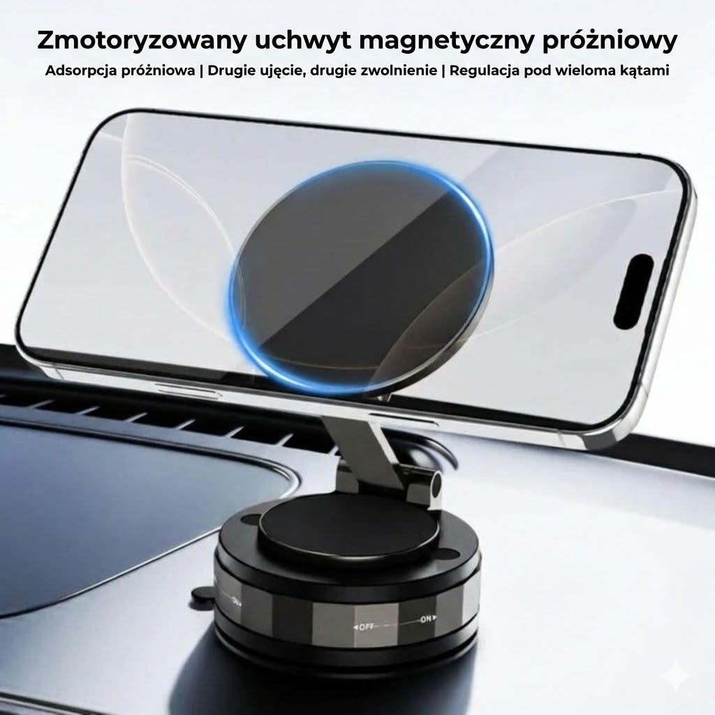 Magnetyczny uchwyt samochodowy na telefon – przyssawka próżniowa + mocowanie magnetyczne – obrót 360° – stabilne mocowanie do deski rozdzielczej i szyby