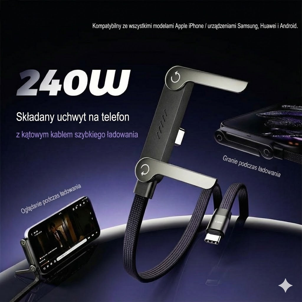 Kabel Type-C 2-w-1 z ukrytą podstawką – superszybkie ładowanie 240 W