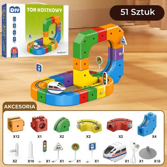 DIY tor kolejowy z puzzli – edukacyjny zestaw klocków