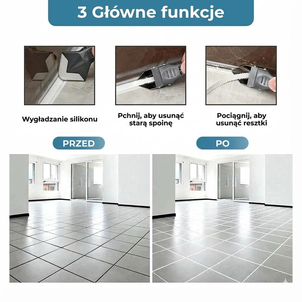 Narzędzie 3-w-1 do fugowania – usuwacz silikonu i szpachelka