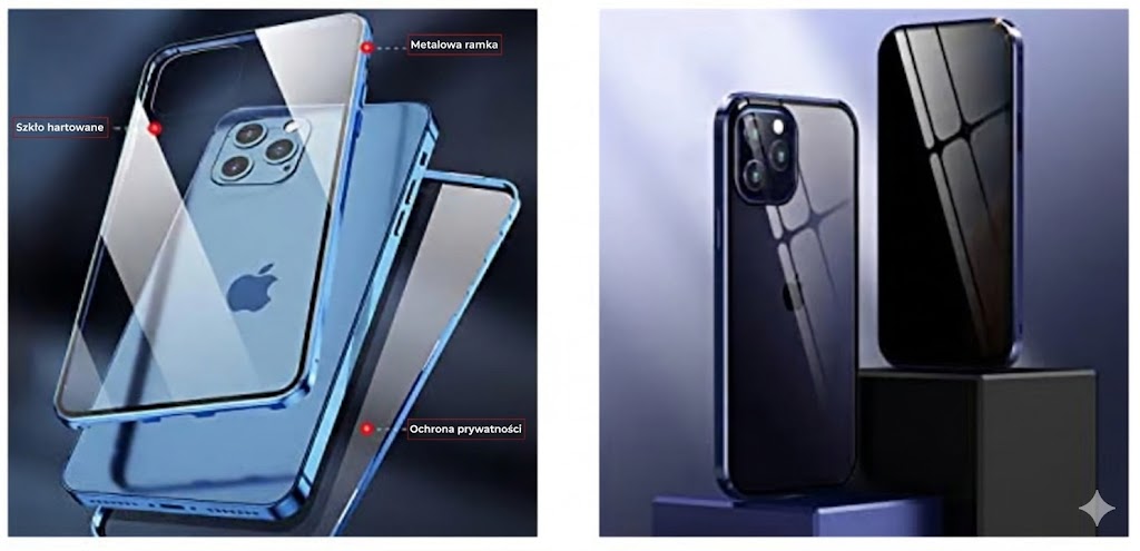 Magnetyczne etui prywatności do iPhone – Ochrona 360° – Szkło hartowane z filtrem prywatności – Dwustronna ochrona przeciwwstrząsowa