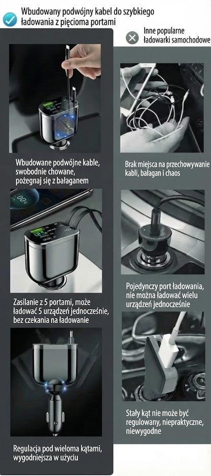 Ładowarka samochodowa 5-w-1 do przednich i tylnych siedzeń – z przedłużaczem