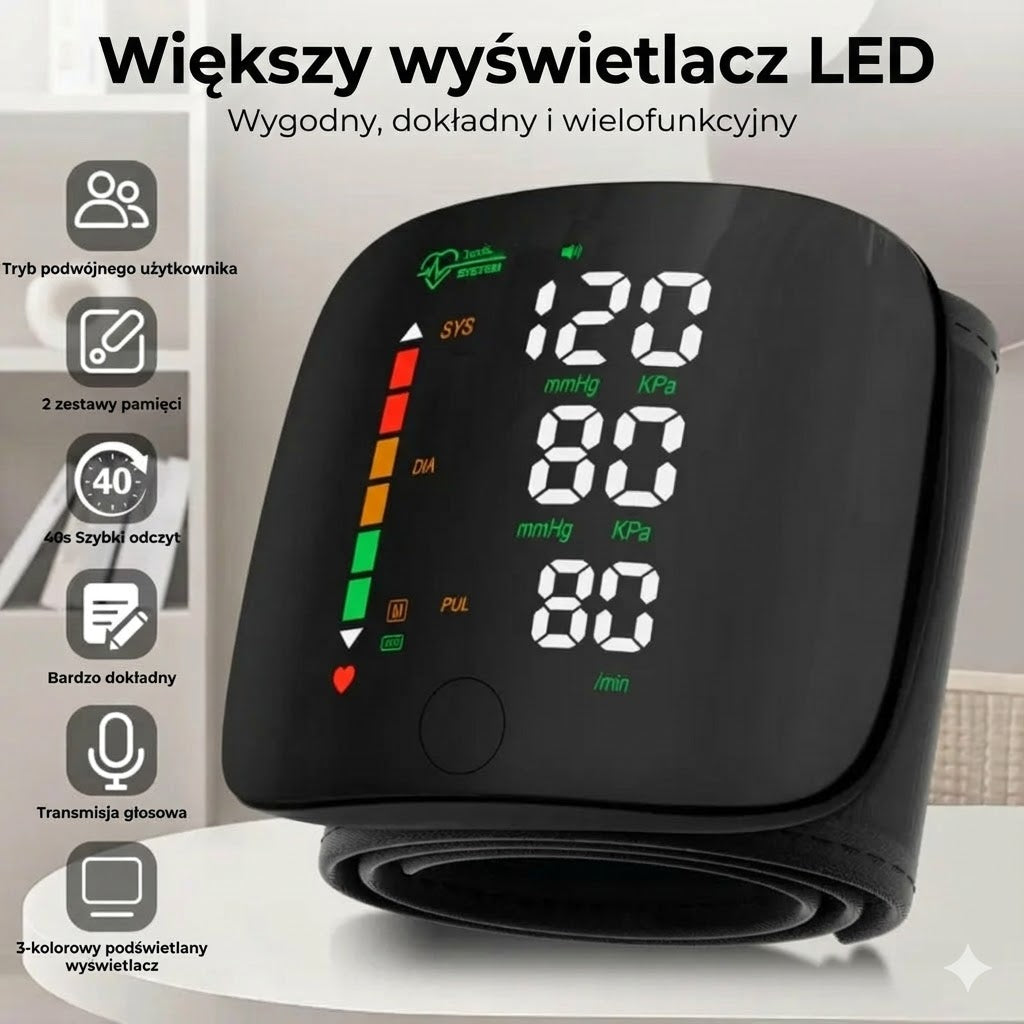 Cyfrowy nadgarstkowy ciśnieniomierz – duży wyświetlacz LED i pamięć