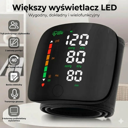 Cyfrowy nadgarstkowy ciśnieniomierz – duży wyświetlacz LED i pamięć