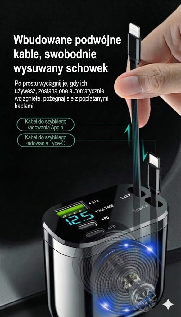 Ładowarka samochodowa 5-w-1 do przednich i tylnych siedzeń – z przedłużaczem