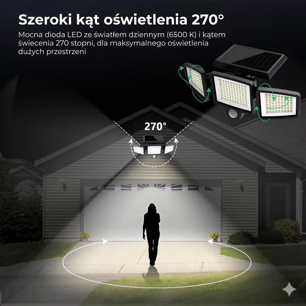 [200 diod LED] Solarna lampa ścienna z czujnikiem ruchu – Zewnętrzne oświetlenie solarne – Wodoodporność IP65 – 100% oszczędności energii