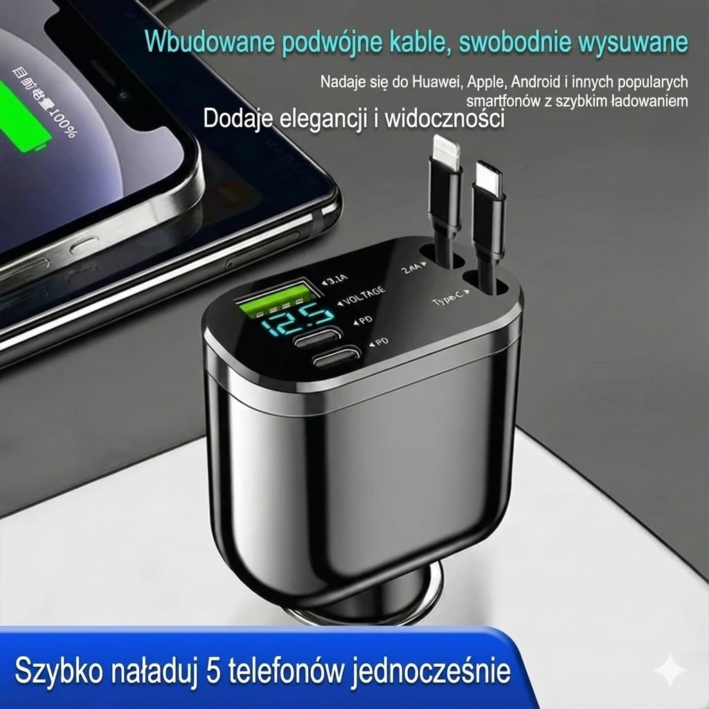 Ładowarka samochodowa 5-w-1 do przednich i tylnych siedzeń – z przedłużaczem