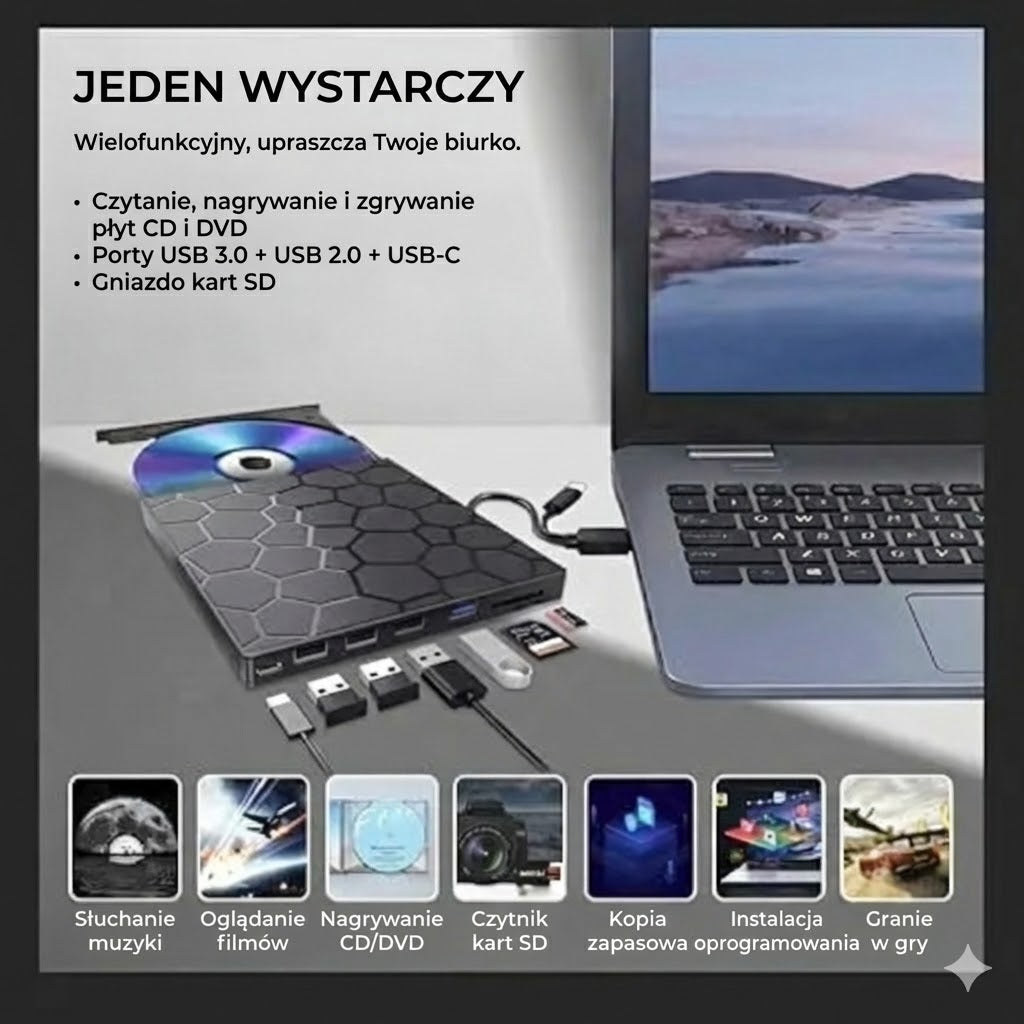 Zewnętrzny odtwarzacz i nagrywarka DVD 8 w 1 – z hubem USB