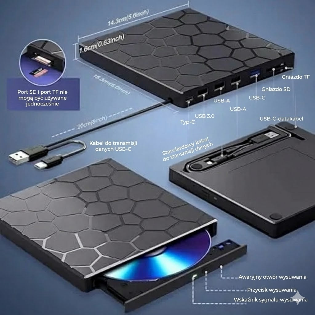 Zewnętrzny odtwarzacz i nagrywarka DVD 8 w 1 – z hubem USB