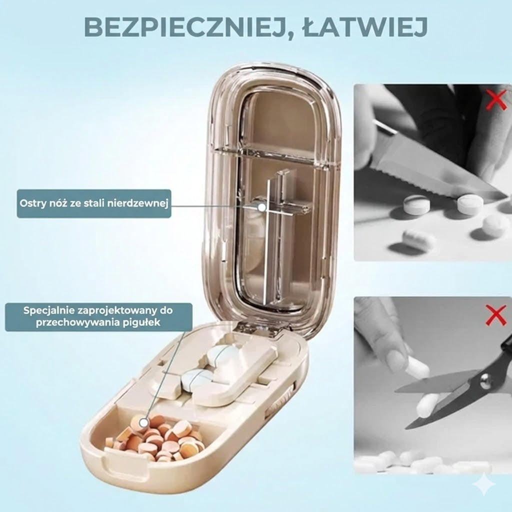 2-w-1 przecinacz i dzielnik tabletek – regulowany, do różnych rozmiarów – precyzyjne cięcie – przezroczysty